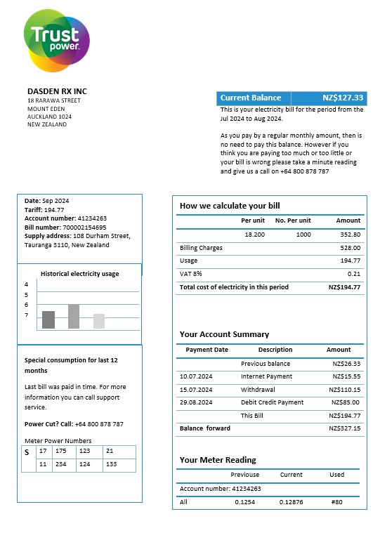 New Zealand Trustpower business utility bill template in Word and PDF formats